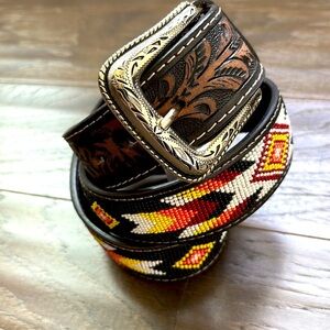 Nocona Genuine Leather,tooled,Western Aztec pattern seed bead,removable buckle